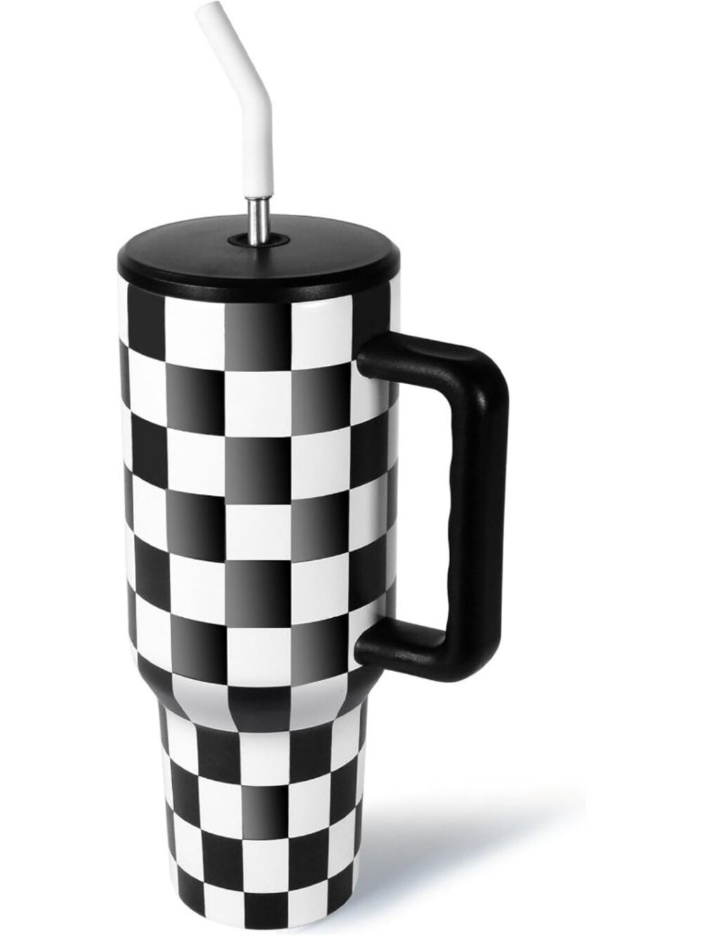 40 oz Insulated Tumbler with Handle - Checkered Stainless Steel Travel Mug for